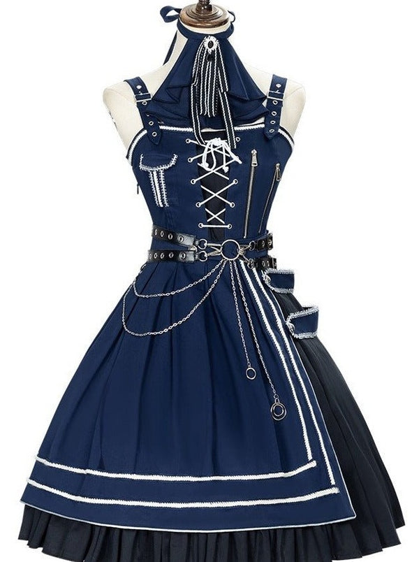 リボンスカーフ＋チェーンベルトレースアップサススカート＋ケープコート - Belchic