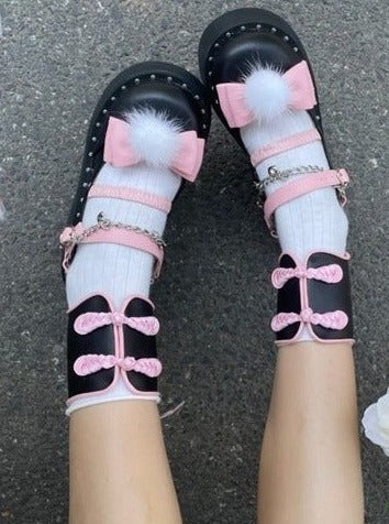 バックレースアップアンクルベルト＋チェーンストラップファーリボンロリータシューズ - Belchic