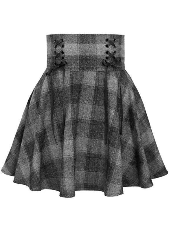 レースアップチェックハイウエストスカート - Belchic