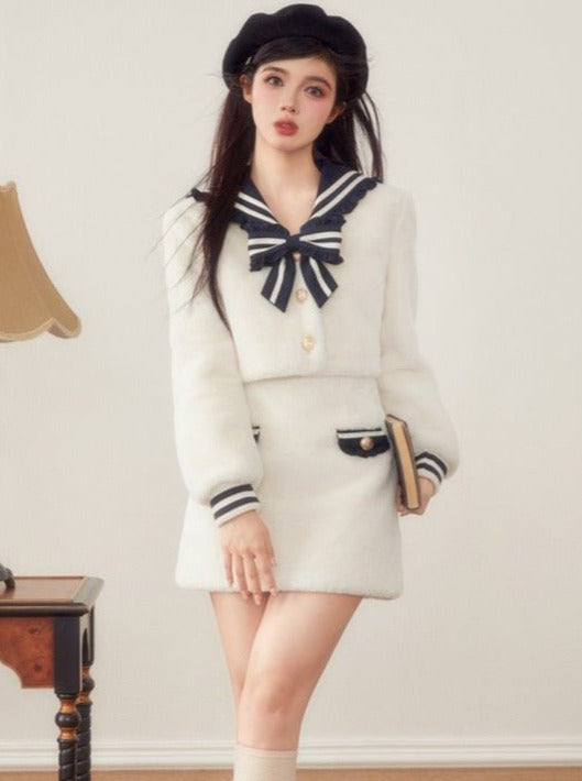 フリルリボンセーラーカラーファージャケット＋スカート - LilyBlack