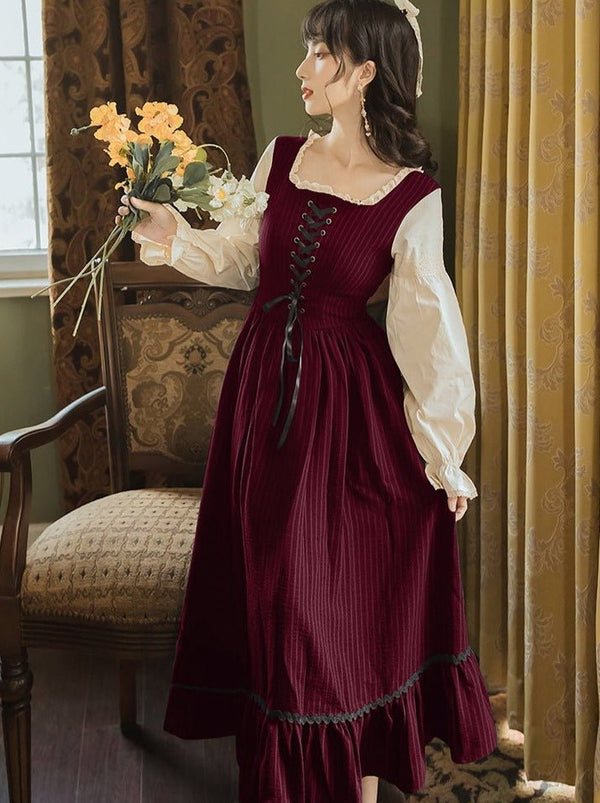 レースアップキャンディスリーブアンティークワンピース - Belchic