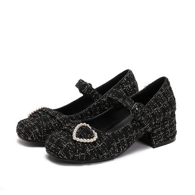 ツイードパールデコレーションワンストラップガーリーシューズ - LilyBlack