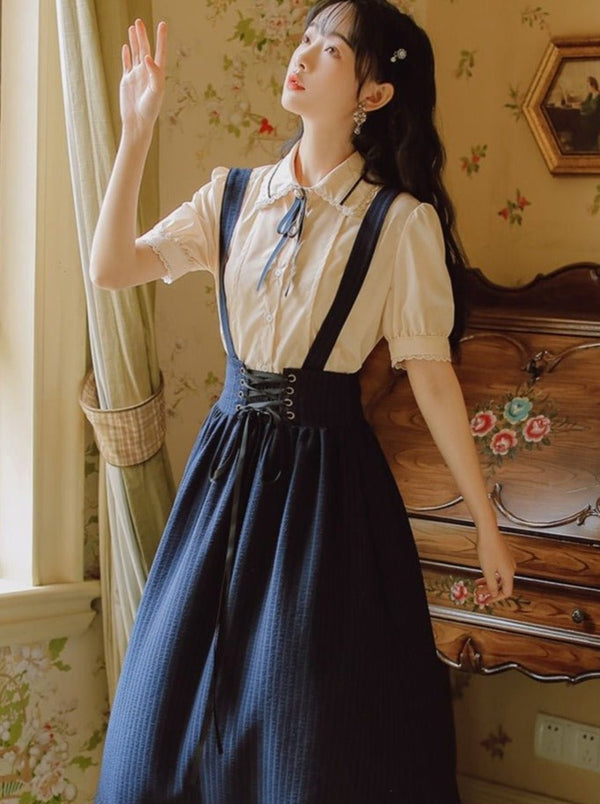 リボン付きパフスリーブブラウス＋レースアップコルセットサススカート - Belchic