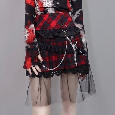 チェーンストラップレースシフォンハングダウンプリーツスカート - Belchic