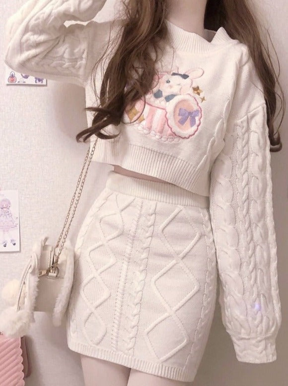スイートラビットケーブルニットトップス＋ニットスカート - LilyBlack