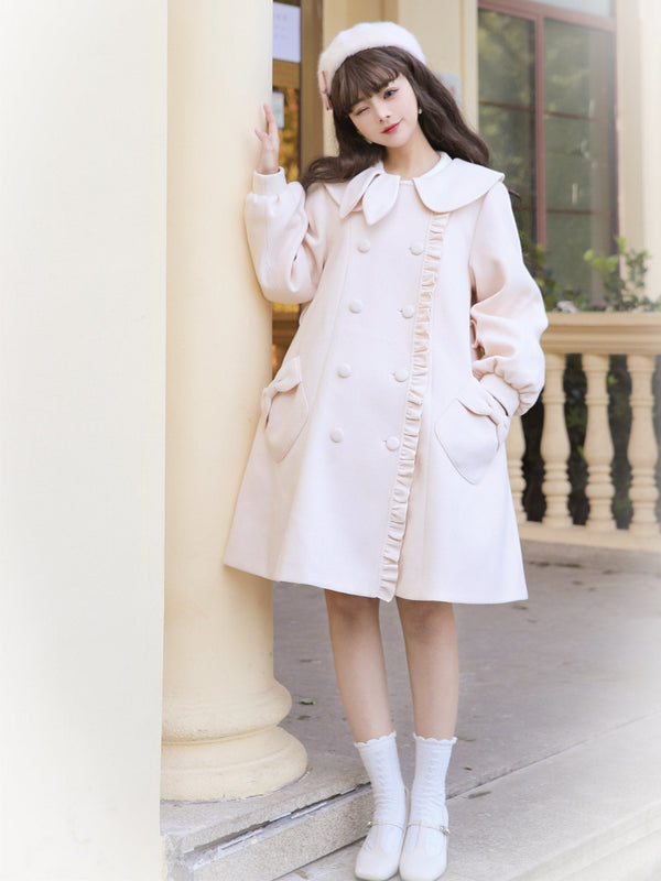 うさ耳ラウンドカラーフリルリボンポケットダブルコート - LilyBlack