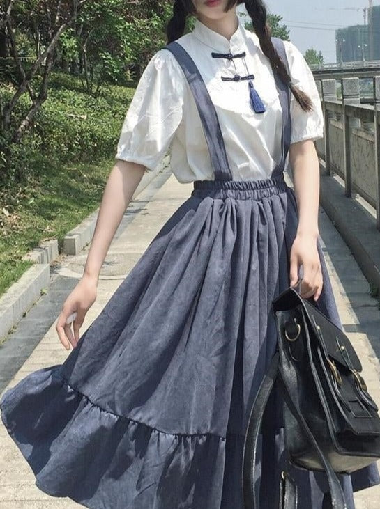 フレアサロペット チャイナシャツ セットアップ - LilyBlack