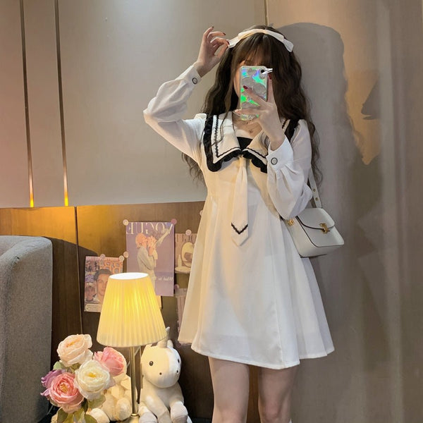 ネクタイ付きフリルボックスカラーワンピース - Belchic