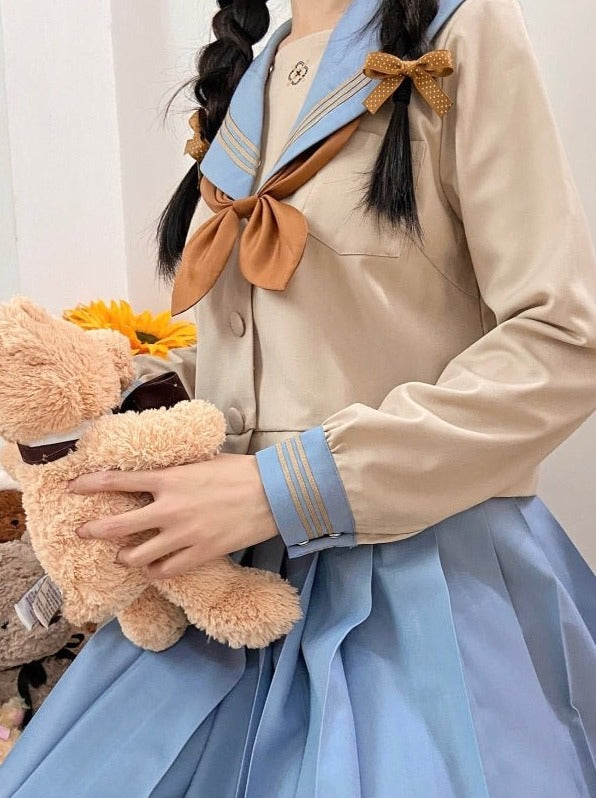 ラインカラーセーラーシャツ＋プリーツスカート - LilyBlack