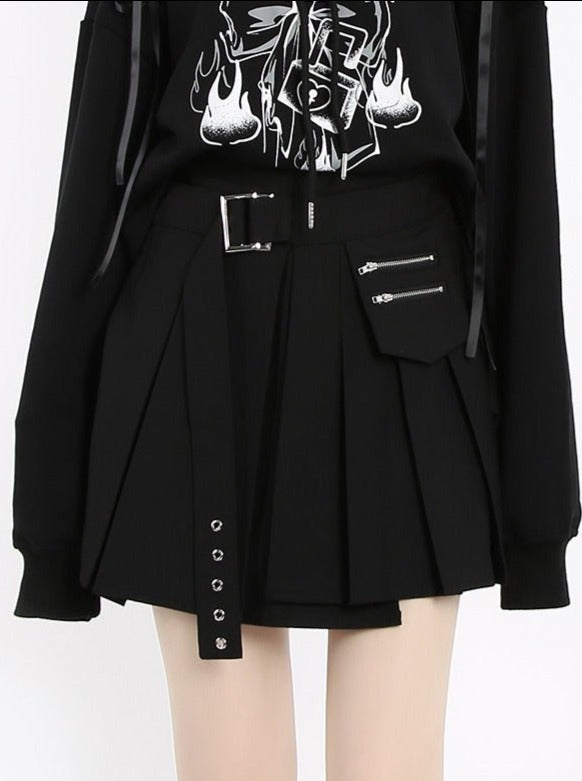 ジップポケットアシメプリーツベルトスカート - LilyBlack