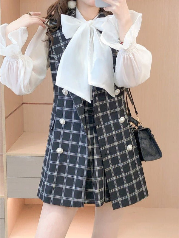 シアーリボンブラウス＋チェックダブルベスト＋プリーツスカート - LilyBlack