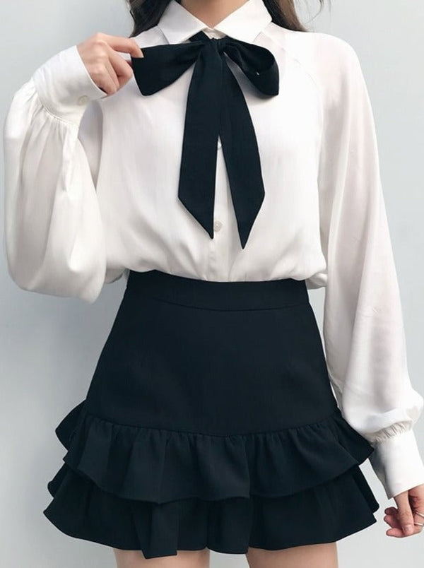 リボン付きシフォンシャツ - LilyBlack