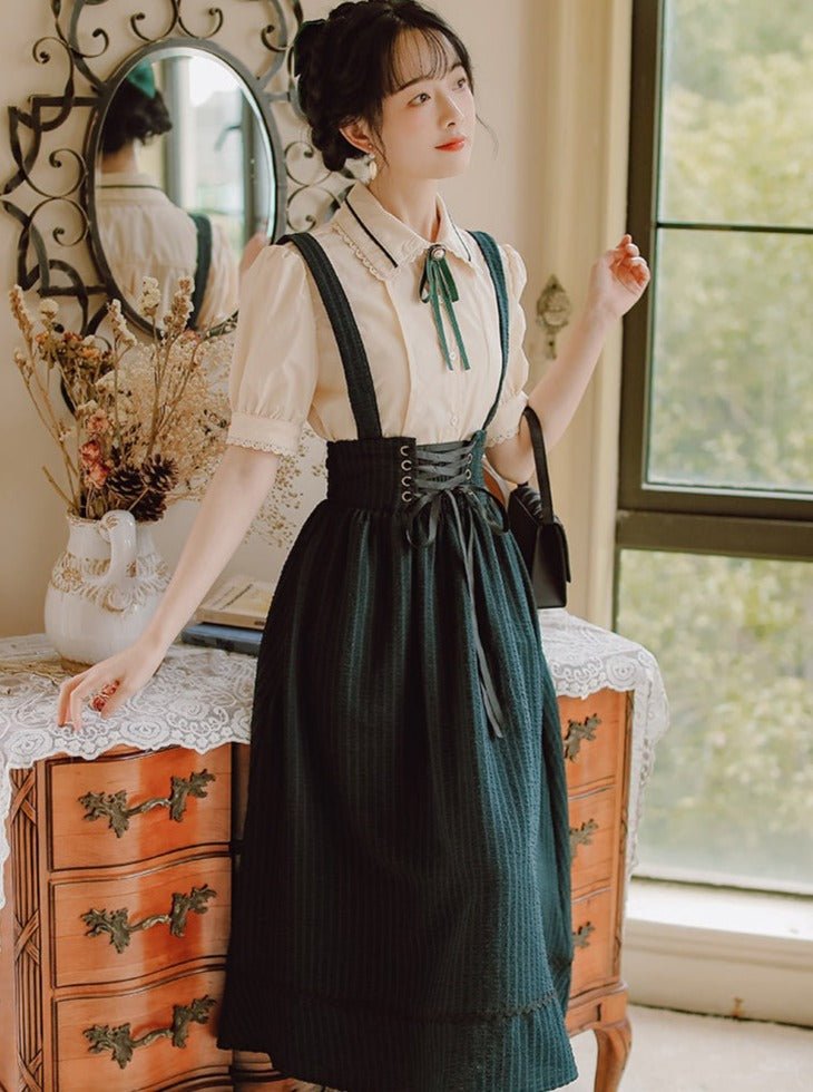 Puff Sleeve Blouse with Ribbon + Lace-up Corset Sass Skirt – Belchic