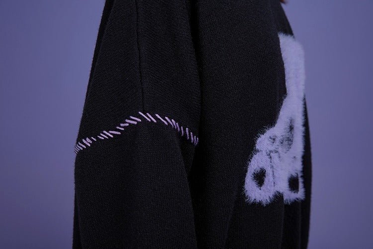 ファーベアアシメデザインニットセーター - LilyBlack