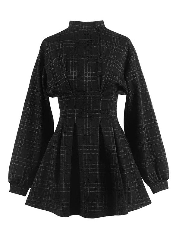 スタンドカラーチェックパターンタックワンピース - Belchic