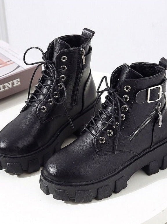 バックストラップチェームジップレースアップブーツ - Belchic