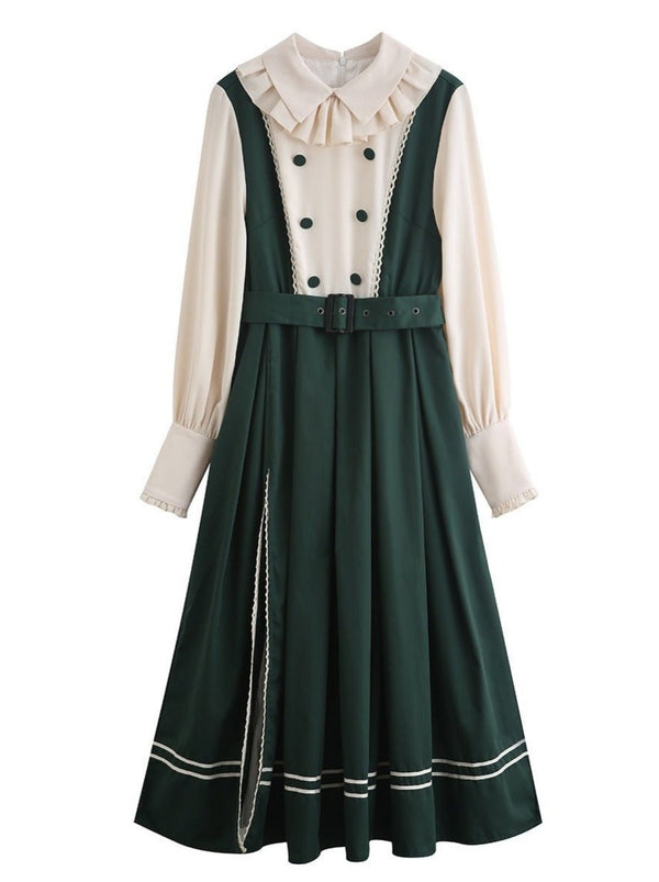フリルカラーランタンスリーブフレンチクラシカルベルト付きワンピース - Belchic