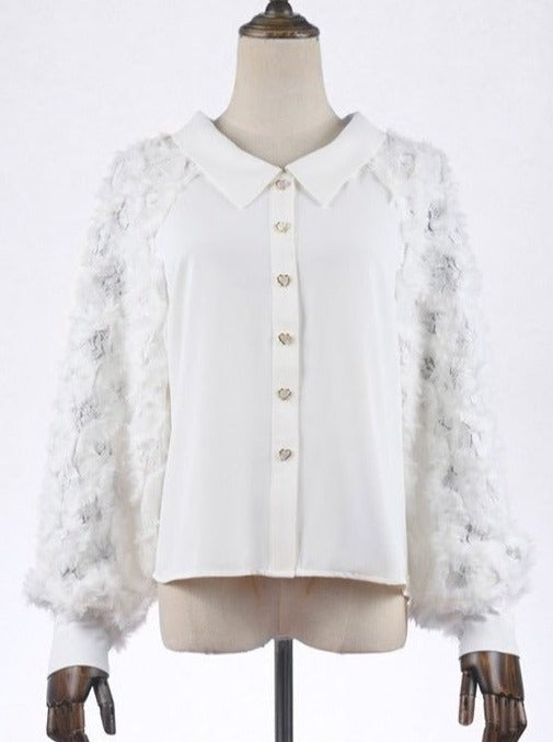 ファーレーススリーブクラシックカラーブラウス - LilyBlack