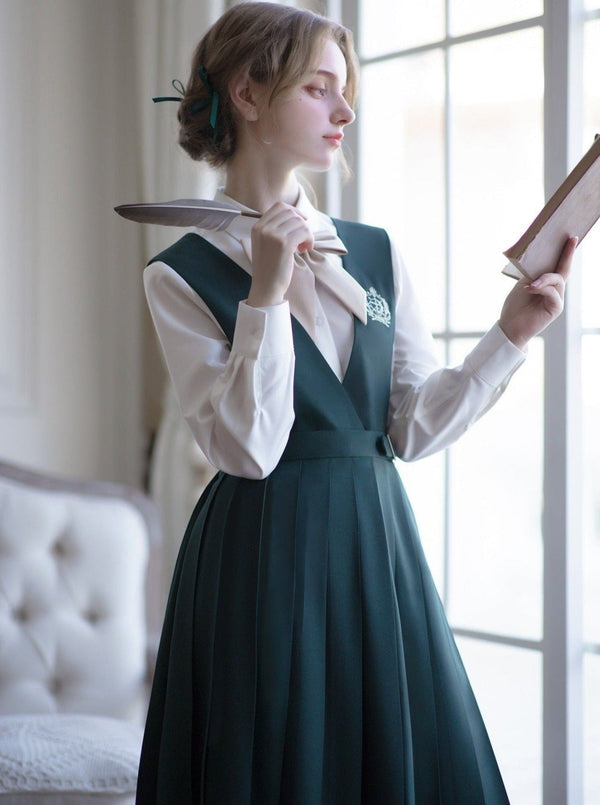 ショートジャケット＋リボン付きブラウス＋ベルト付きジャンバースカート・ショートジャケット＋リボン付きブラウス＋サスワンピース - LilyBlack