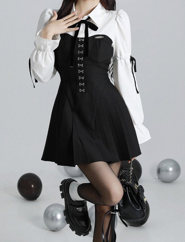 キャンディリボンスリーブメタルモチーフ異素材ドッキングワンピース - LilyBlack