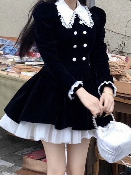 ポインテッドレースカラーパフショルダーレイヤードワンピース - LilyBlack