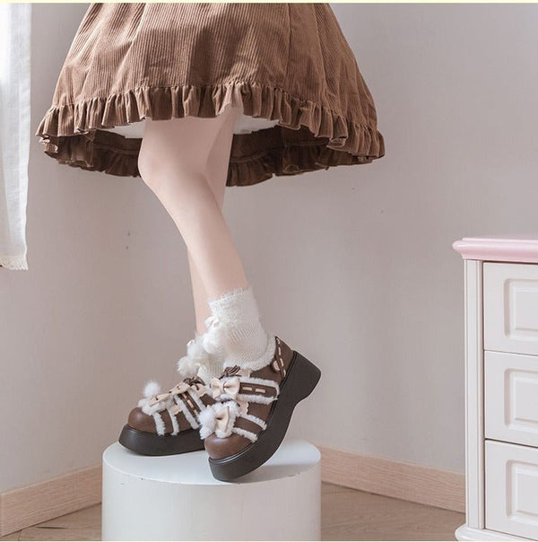 ファーリボンステッチロリータシューズ - LilyBlack