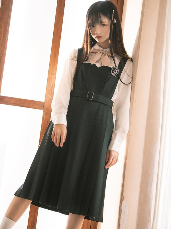 ショートジャケット＋リボン付きブラウス＋ベルト付きジャンバースカート・ショートジャケット＋リボン付きブラウス＋サスワンピース - LilyBlack