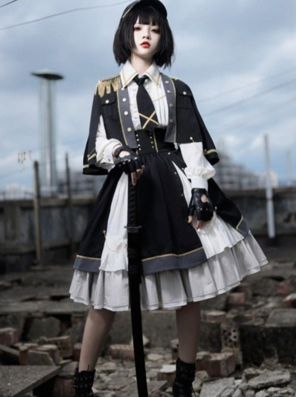 【軍服】ケープジャケット＋ネクタイ付きフリルブラウス＋ウエストマークスプリットレイヤードスカート - Belchic