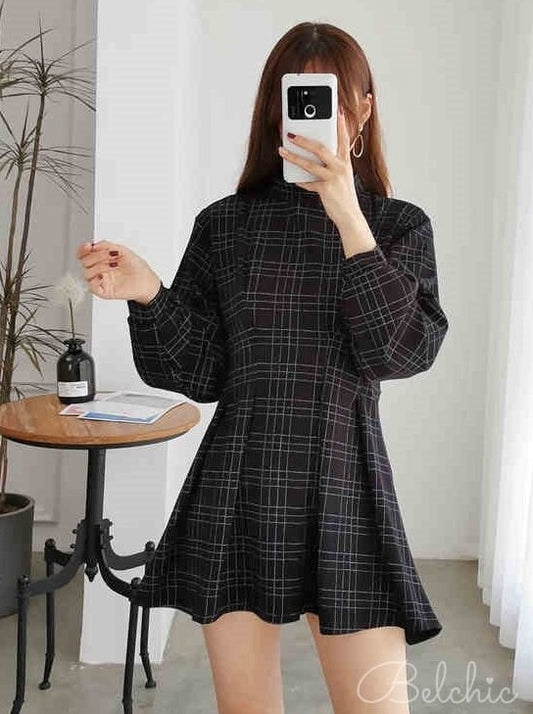 スタンドカラーチェックパターンタックワンピース - Belchic