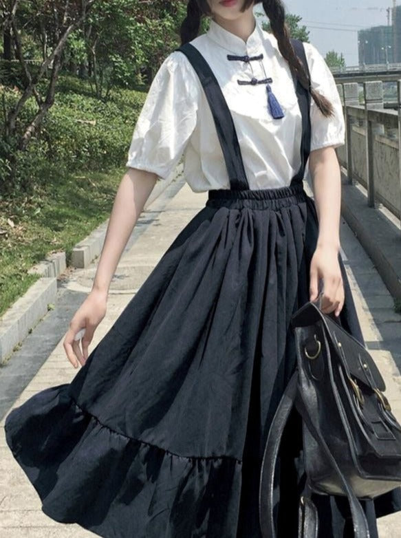 フレアサロペット チャイナシャツ セットアップ - LilyBlack