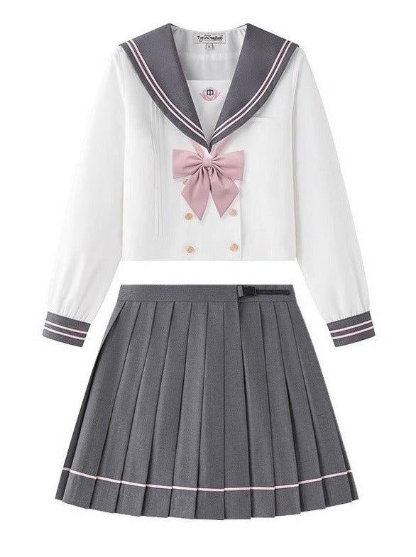 リボン付きダブルブレストセーラートップス＋プリーツラインスカート - Belchic