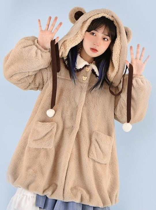 くま耳リボンフード付きフリルカラーフラッフィーコート - Belchic