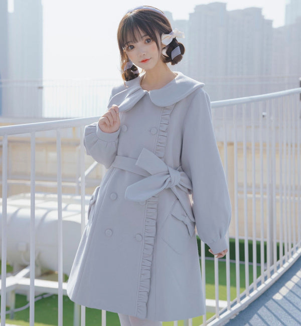 うさ耳ラウンドカラーフリルリボンポケットダブルコート - LilyBlack