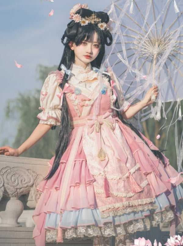 キャンディスリーブリボンチャイナトップス＋フラワーリボンシフォンティアードプリンセスドレス - Belchic