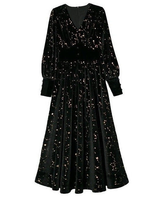 スターシャイニーウエストマークベルベットドレス - Belchic