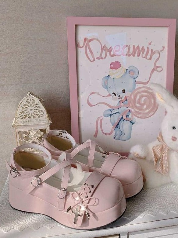 クロスストラップウェッジソール ロリータシューズ - LilyBlack