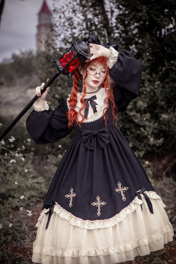 ビブカラークロスリボンロリータワンピース - Belchic