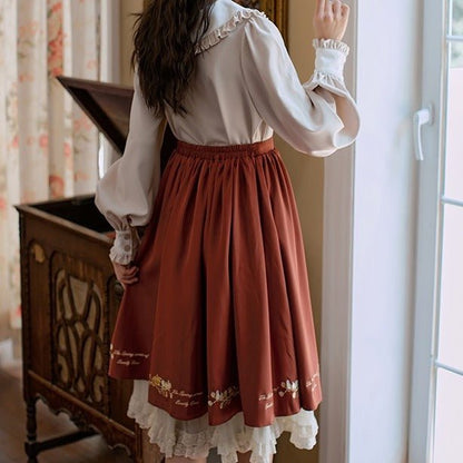 リボン付きフリルカラータックブラウス＋フラワー刺繍スカート - Belchic