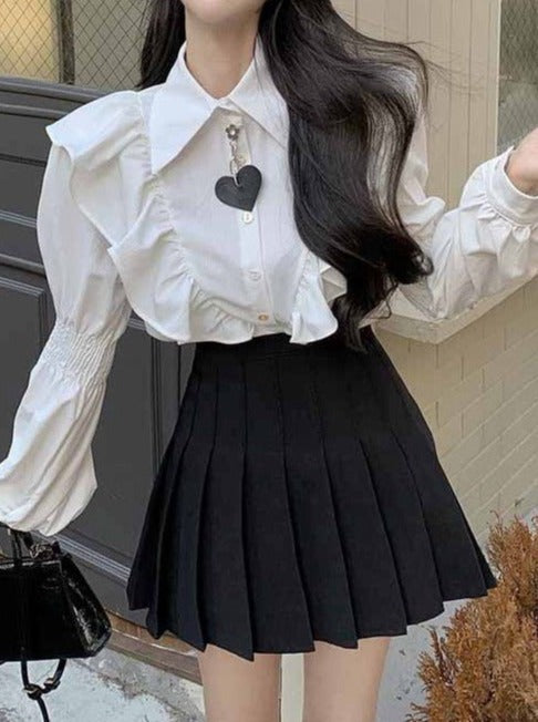 フリルボリュームスリーブブラウス＋ハイウェストプリーツスカートセットアップ - LilyBlack