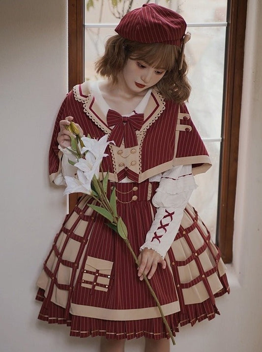 リボンベレー帽＋リボンレースアップスリーブフリルブラウス＋レイヤードサススカート＋ケープジャケット - Belchic