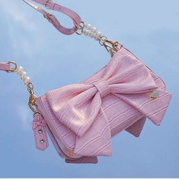 ハートチャームリボンバッグ【ショート&パールロングストラップ付き】 - LilyBlack