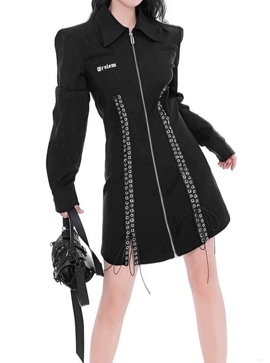 パワーショルダーレースアップスリットジップワンピース - Belchic