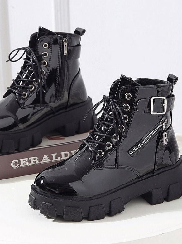 バックストラップチェームジップレースアップブーツ - Belchic