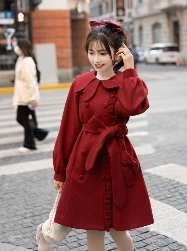 うさ耳ラウンドカラーフリルリボンポケットダブルコート - LilyBlack