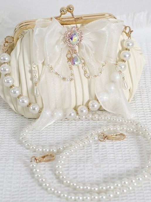 パールハンドルジュエルリボンアンティークバッグ - LilyBlack