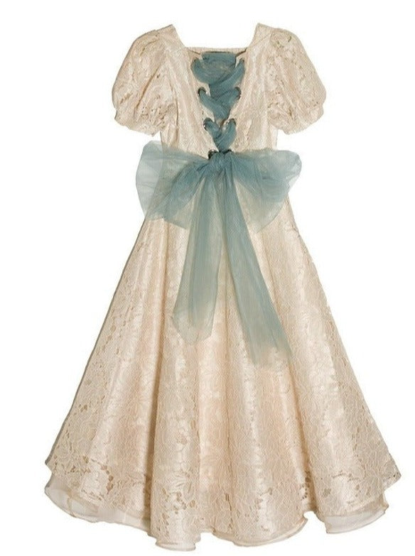 アンティークレースバックチュールリボンドレス - Belchic