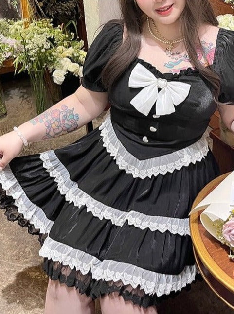 【プラスSize】リボン付きスクエアネックレーストップス＋ティアードスカート - Belchic