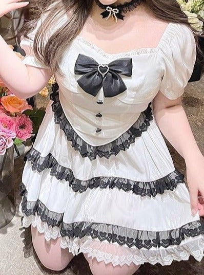 【プラスSize】リボン付きスクエアネックレーストップス＋ティアードスカート - Belchic