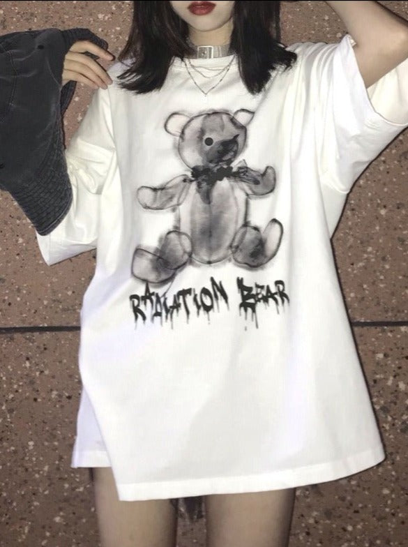 ドロップショルダーベアプリントTシャツ - LilyBlack