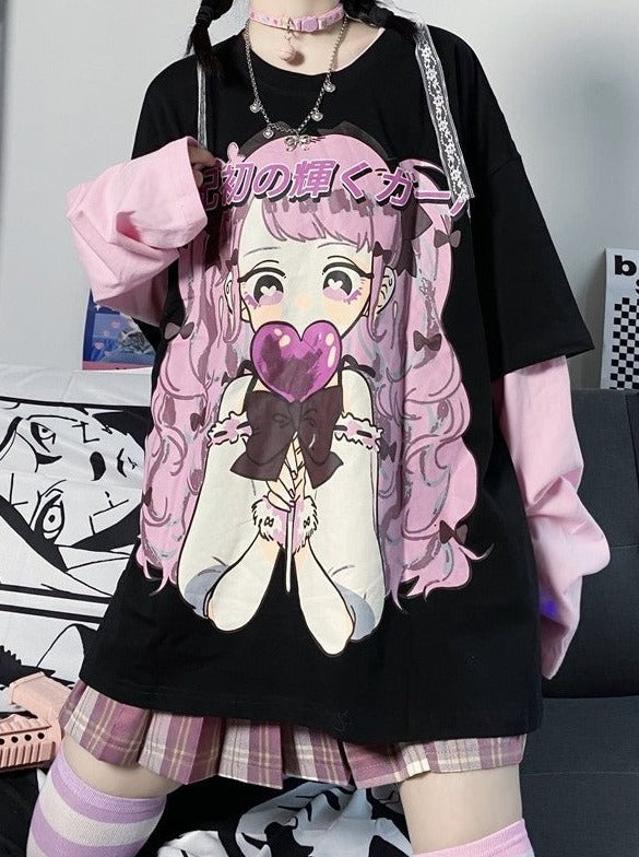 ルーズシルエットガールズプリントTシャツ - LilyBlack